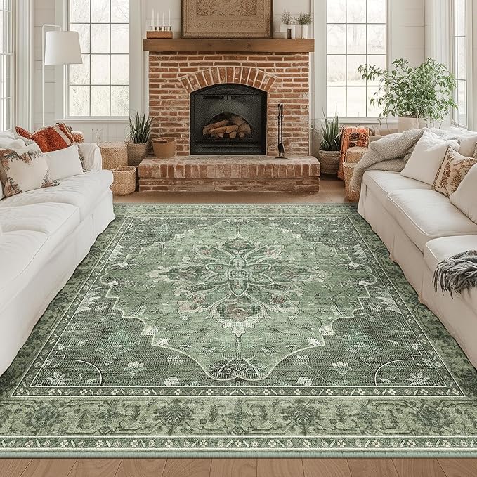 RELEANY Area Rugs Square 8ft Washable Non-Slip, Floral Vintage Distress Print Pattern Medallion Carpet for Living Room Bedroom Dining Room, Dark Green Gray