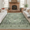 RELEANY Area Rugs Square 8ft Washable Non-Slip, Floral Vintage Distress Print Pattern Medallion Carpet for Living Room Bedroom Dining Room, Dark Green Gray