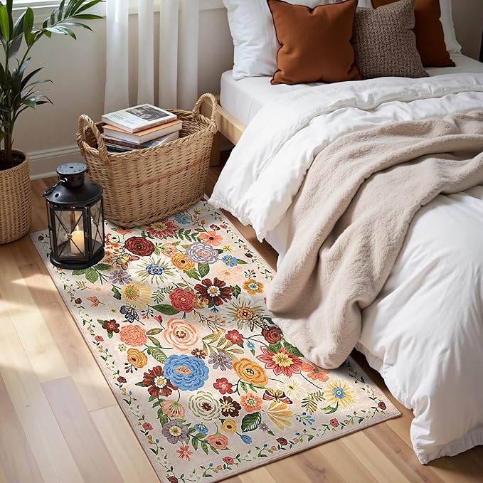 2x4 Entryway Runner Rugs, Non Slip Washable Rugs with Rubber Backing Soft Floral Carpet Runner for Kitchen, Laundry, Bedroom, Bathroom(2 x 4, Beige Garden)