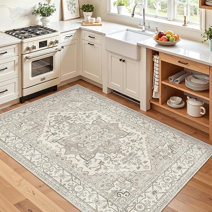 Madane Area Rug 3x5, Entryway Washable Vintage Runners Bedroom Non Slip Indoor Kitchen Runner for Living Room Laundry Room Playroom Soft Non-Slip Area Rugs, Beige/Brown