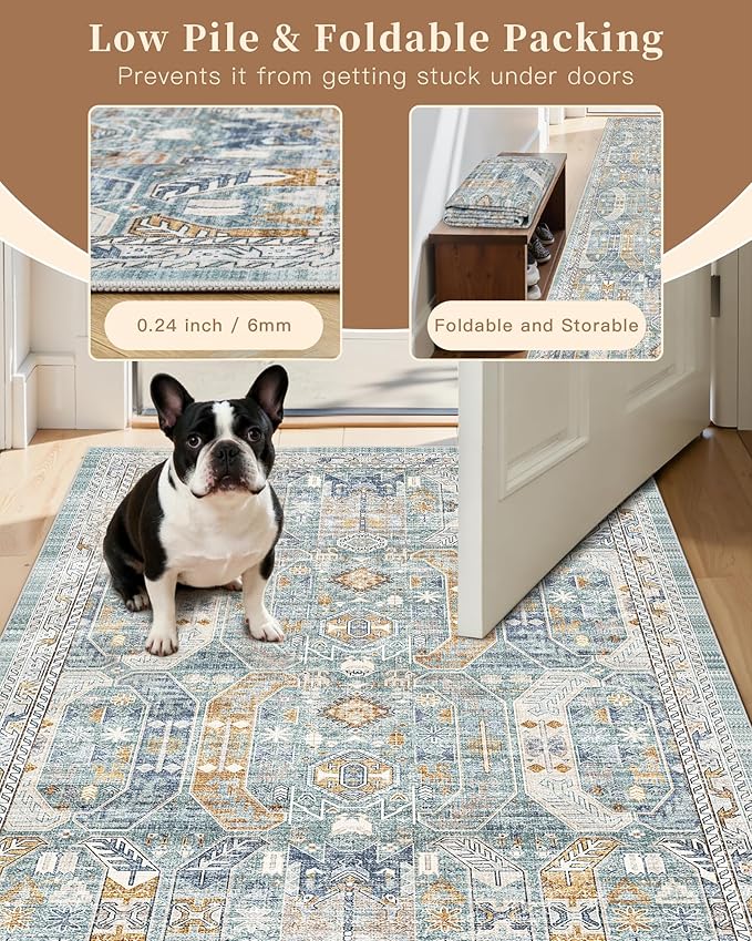 Madane Washable Runner Rug - 2x6 Rug Runners for Hallways 6 Feet Non Slip Vintage Kitchen Runner Rug Ultra-Thin Bathroom Runner Rugs Carpet Laundry Room Bedroom (2x6ft, Blue/Gold)