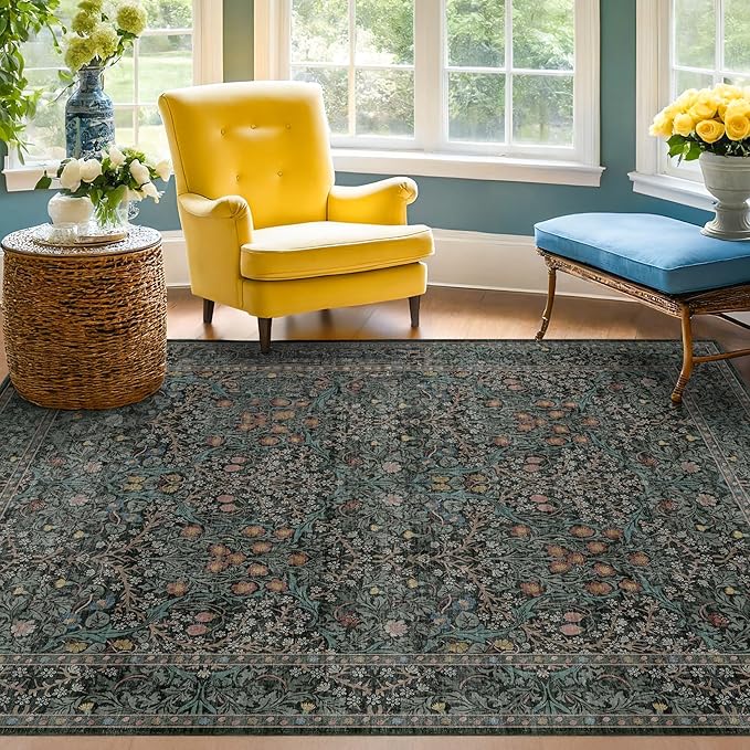 Dark Green Floral Living Room Rug 5x7 Area Rug - Vintage Forest Washable Mat for Dining Room, Bedroom, Low Pile Non Slip Stain Resistance Distressed Retro Indoor Boho Carpet (5x7 Dark Green)