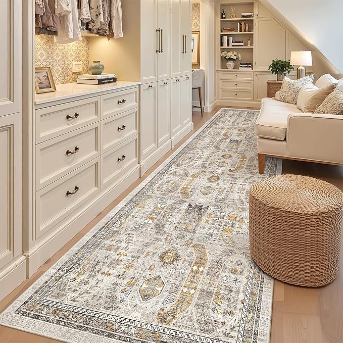 Madane Hallway Rug 3x10, Kitchen Rugs Washable Entryway Rug Vintage Kitchen Runners Non Slip Indoor Area Rug Farmhouse Carpet Runner for Bathroom Living Room Bedroom, Brown/Gold