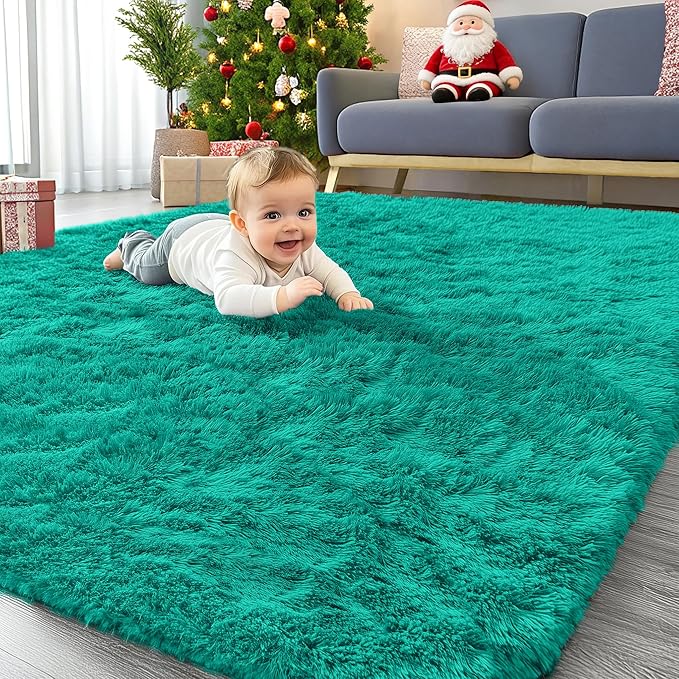 OLANLY Area Rugs for Living Room Bedroom, Machine Washable 4x5.9 ft Soft Fluffy Shaggy Bedside Rug, Indoor Floor Carpet for Kids Girls and Boys, Dorms, Nursery Rooms, Home Decor Aesthetic, Teal Green