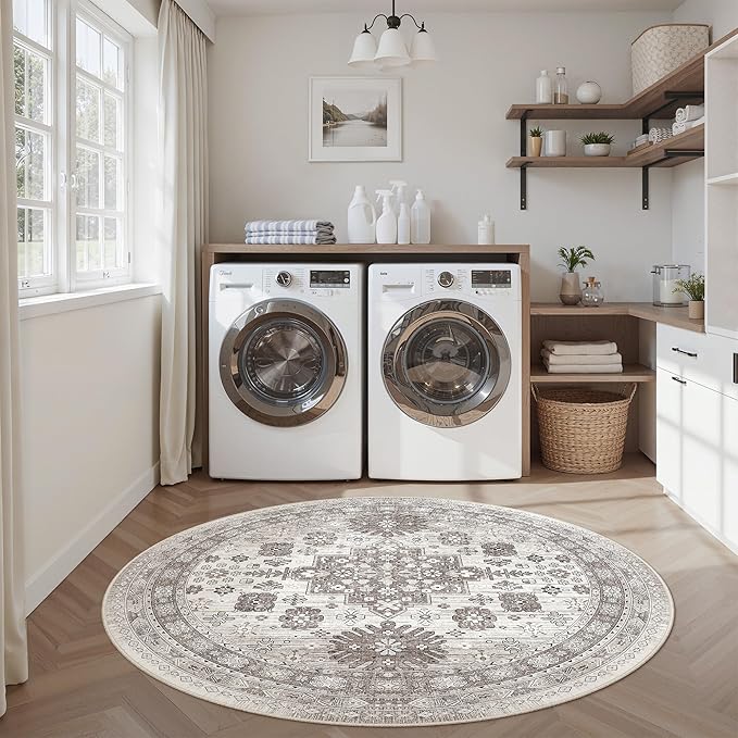 zesthome Washable Round Area Rugs - Non-Slip 6ft Round Rugs, Ultra-Thin Large Circle Rugs for Living Room, Soft Low Pile Rug for Bedroom, Kitchen, Nursery - Vintage Round Rug(Brown/Beige,6'x6')