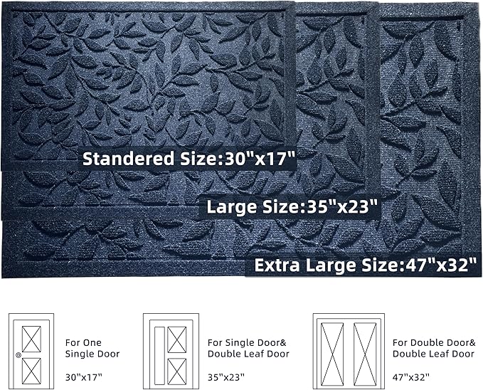 Blue Leaves Outdoor Indoor Entrance Door mat, Absorbent Durable Heavy Duty Welcome Front Door Mat,Thick Natural Rubber Back,Easy Clean Entryway Mat 47x32 Inch, Low Profile