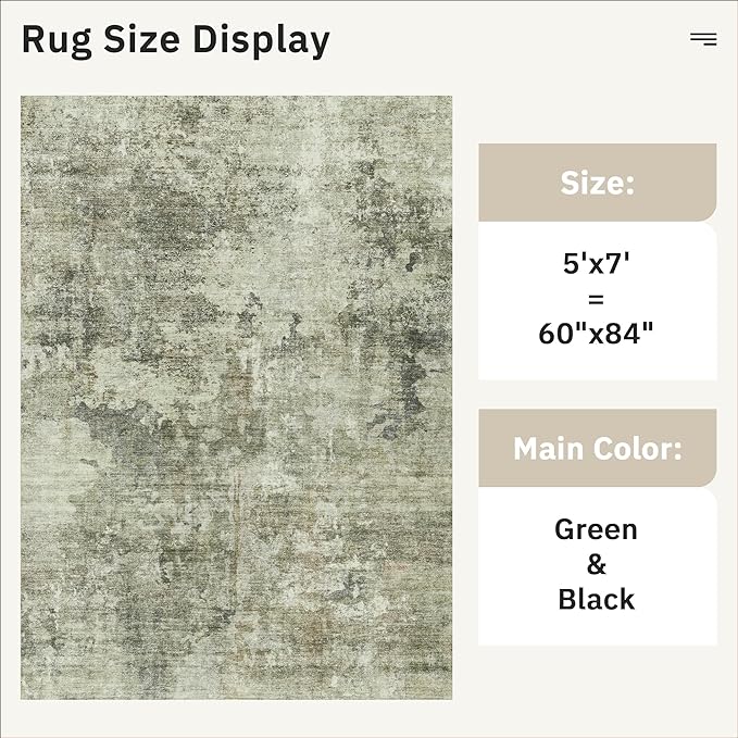 Soalmost Abstract Rug 5x7 Machine Washable Area Indoor Green Black Low Pile Non-Slip Foldable Thin Accent Rugs for Bedroom Living Room Dining Room