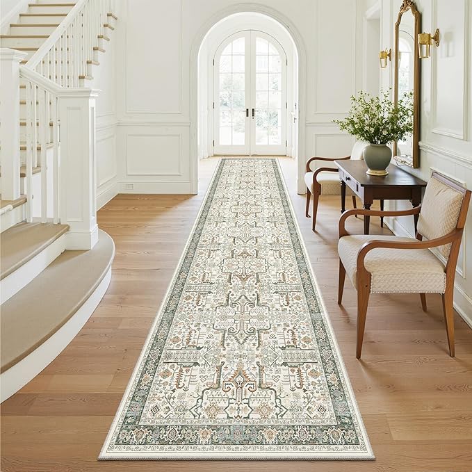 Hallway Washable Runner Rug 2x10 - Non Slip Vintage Kitchen Runner Rugs for Entryway Low-Pile Waterproof Long Runners for Living Room Bedroom Medallion Indoor Floor Mat for Bathroom Laundry Green