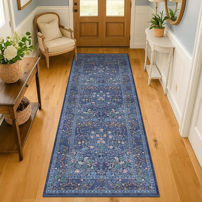 Non Slip 2x7 Dark Blue Runner Washable - Stain Resistant Long Runner Rugs for Kitchen, Entryway, Hallway, Bathroom, Bedroom Bedside - Dusky Navy Vintage Floral Décor