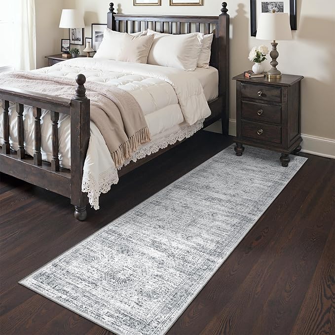 2x7 Runner Rug Non Slip, Thin Entryway Washable Rug for Entryway, Runners for Hallways, Low Pile Vintage Abstract Soft Rugs for Living Room, Kitchen, Bedroom(2'x7', Grey/Ivory)
