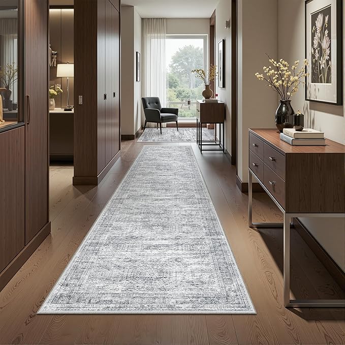 Long Bathroom Rugs Runner - Washable Runner Rugs for Hallway 2x10, Ultra-Thin Soft Kitchen Carpet Runner, Anti Slip Backing Runner Rugs for Entrance, Bedroom, Living Room(2'x10', Grey/Ivory)