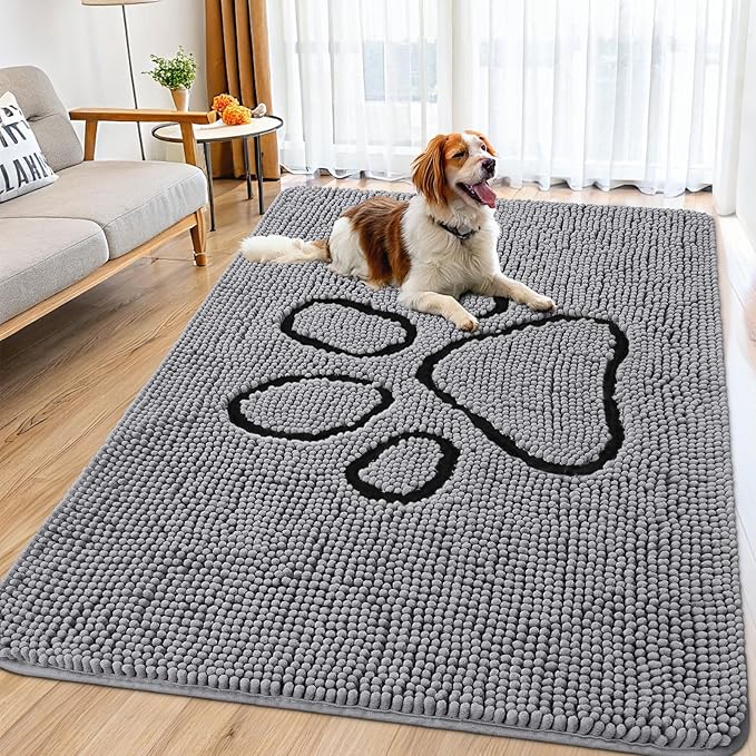 Smiry Dog Door Mat for Muddy Paws, Absorbent Dirt Trapper Non Slip Quick Dry Washable Chenille Mat for Mud Dogs, Entry Rug for Indoor and Outdoor (71x46 Inches, Grey and Black)