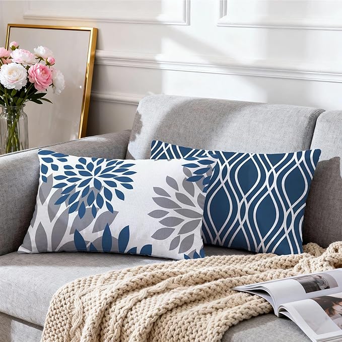 Hexagram Geometric Blue Pillow Covers 12x20 Set of 4, Decorative Outdoor Boho Modern Throw Pillow Covers, Home Sweet Home Farmhouse Cushion Case for Couch Sofa Bedroom Indoor Decor(No Insert)