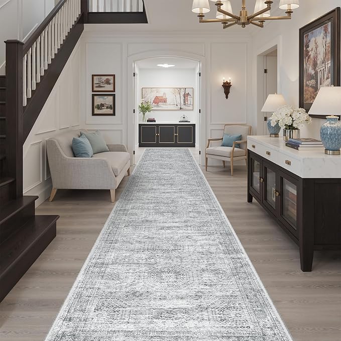 Hallway Runner Rug 3x16 - Vintage Non Slip Washable 16ft Kitchen Runner for Entrance Soft Long Carpet Runners for Living Room Bedroom Dining Room, Grey