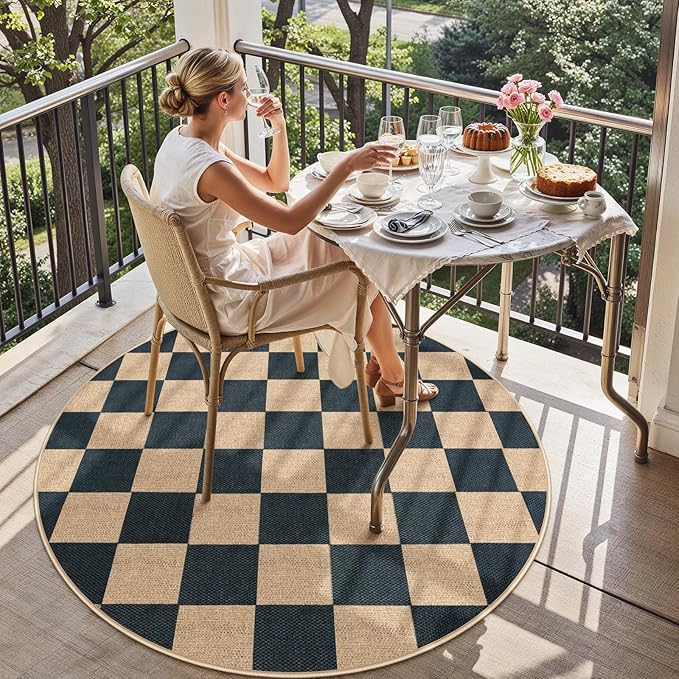Lahome Colette Checkered 4 ft Easy Jute Round Rug, Washable Small Rugs for Entryway Patio, Farmhouse Non Slip Non Shedding Indoor Outdoor Circle Carpet for Kitchen Porch