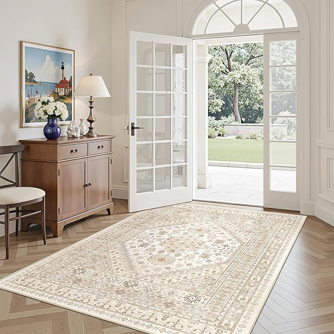 3x5 Washable Area Rug for Entryway, Kitchen Rugs Non Slip for Dining Room, Vintage Floral Soft Living Room Rug, Thin Area Rug Indoor for Bedroom, Kids Room Decor(Cream/Beige,3'x5')