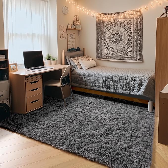 ONASAR Grey 3x5 Rugs for Bedroom, Fluffy Gray Bedside Area Rug, Ultra Soft Shaggy Fuzzy Plush Small Floor Carpets for Living Room College Dorm Teen Kids Boys Home Decor Aesthetic