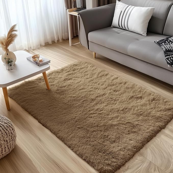 OLANLY 2x3 Machine Washable Small Bedside Rug, Soft Fluffy Shaggy Entryway Throw Rugs for Bedroom, Living Room, Indoor Floor Carpet for Kids Girls and Boys, Home Decor Aesthetic, Taupe