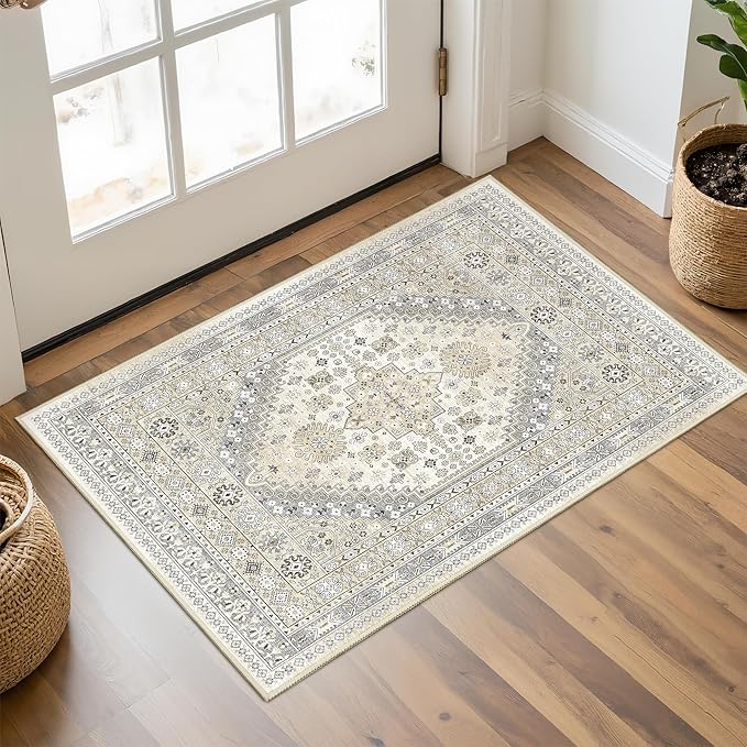 Entryway Rug - 2x3 Washable Rug Runner for Bathroom, Laundry Room, Kitchen, Soft Vintage Hallway Runner for Bedroom, Non-Slip Door Mat Indoor Entrance(Beige,2'x3')