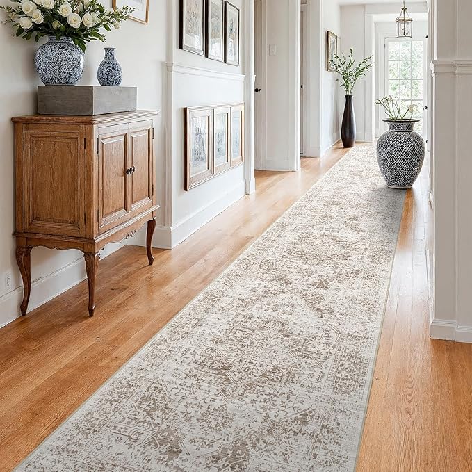 3x25 Washable Hallway Runner Rug - Vintage Kitchen Runners Low Pile Carpet Soft Thin Floor Runner with Rubber Backing for Entryway Living Room Home Decor (Cream/Camel)