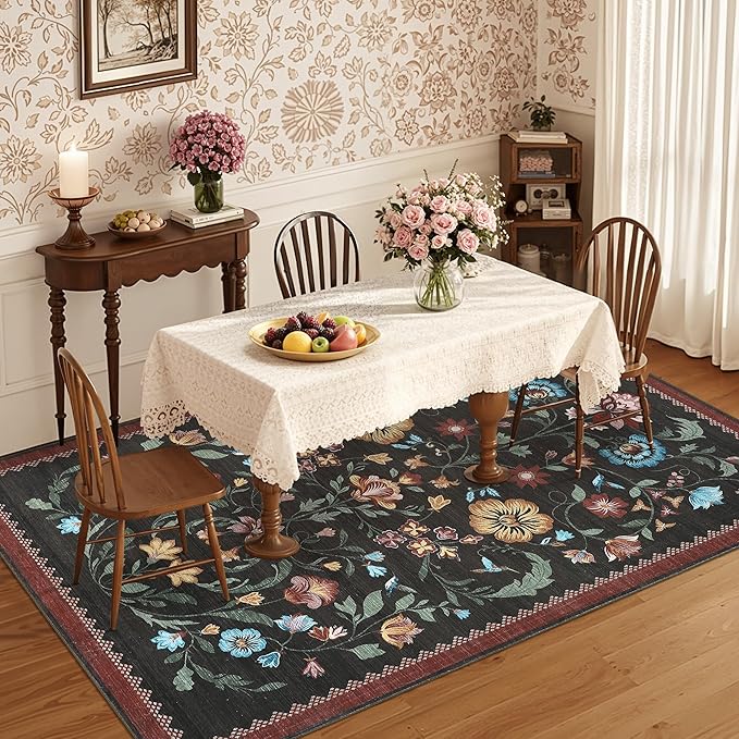 GarveeHome Washable Rug 4x6 Area Rugs for Living Room, Floral Rug for Bedroom, Soft Boho Non Slip Throw Rugs with Rubber Back, Low Pile Stain Resistant Vintage Floral Carpet for Dining Room, Red