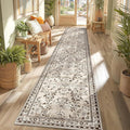 Yamaziot Washable Runner Rug 2x10 – Floral Non Slip Boho Hallway Runner Rug with Rubber Backing, Low Pile Faux Wool Distressed Carpet for Kitchen, Laundry, Bedroom, Entrance, Brown