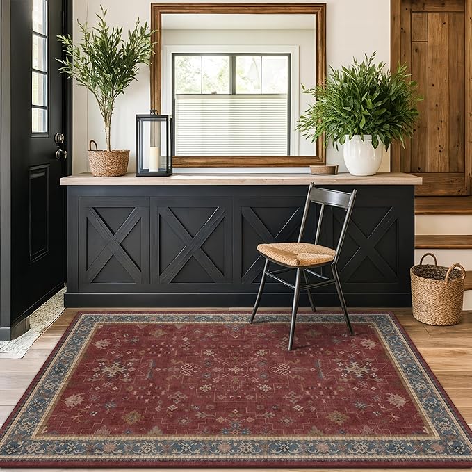 Turkish 4x6 Rug for Living Room Small - Area Rug for Kitchen, Bedside, Foyer Large Entryway Indoor - Washable Stain Resistant Non Slip, Unique Victorian Art Deco, Maroon & Burgundy