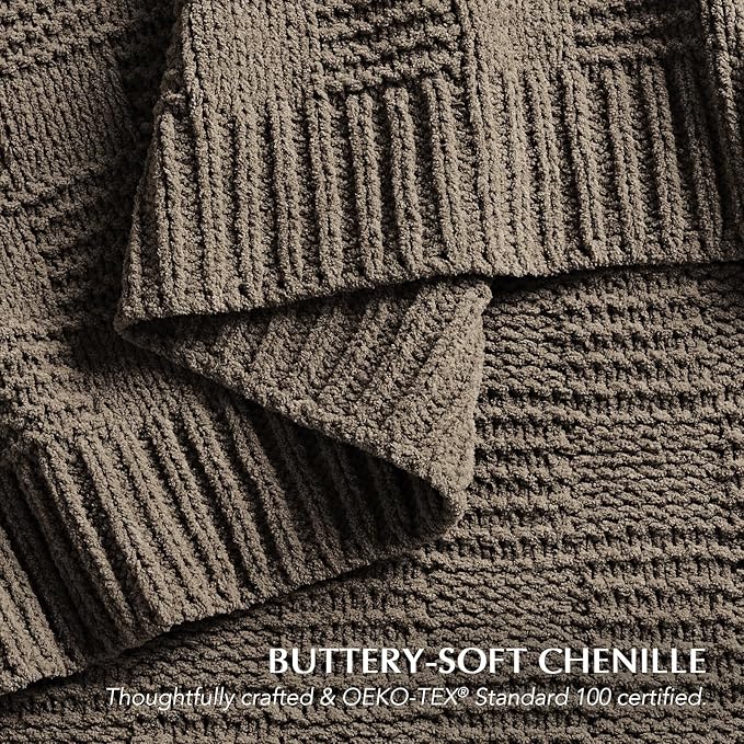 EVERGRACEHOME Modern Checkered Chenille Throw Blanket, Soft Cozy Plaid Knitted Blanket for Sofa & Couch, Decorative Knit Throw for Bed and Living Room, Mocha Brown, 60" x 80"