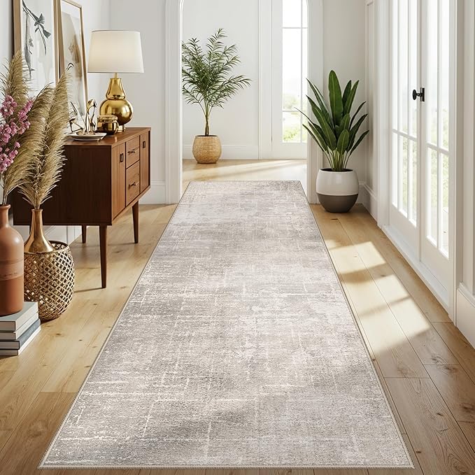 Hallway 4x10 Washable Runner Rug:Stain Resistant Abstract Rug for Kitchen Entryway Farmhouse Soft Carpet for Bathroom Bedroom Thin Laudry Living Room Floor Mat with Non Slip Backing(4x10,Beige/Cream)