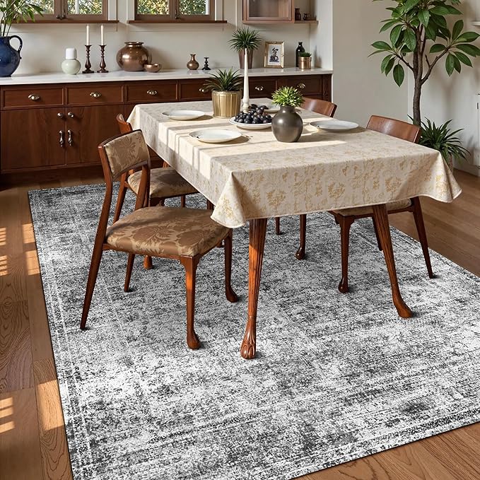 Washable Area Rug 3' x 5 ' Vintage Traditional Persian Mat - Foldable Distressed Non-Slip Machine Washable Carpet for Living Room Bedroom Kitchen Home Decor - Graphite and Mist