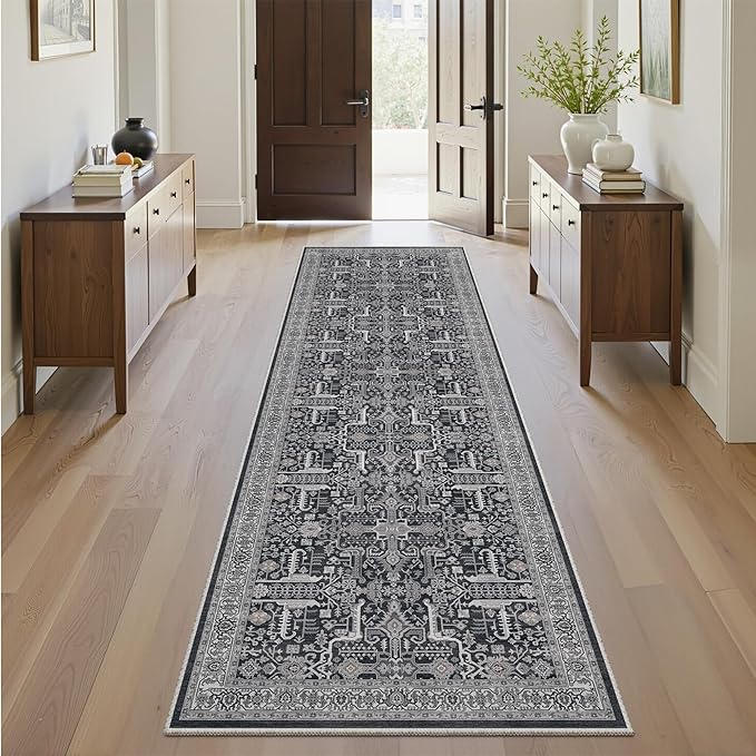 2x6 Hallway Washable Runner Rug - Soft Non Slip Vintage Rugs for Entryway Low-Pile Farmhouse Neutral Kitchen Runners Living Room Floor Mat Stain Resistant Distressed Carpet for Bedroom Bathroom Black