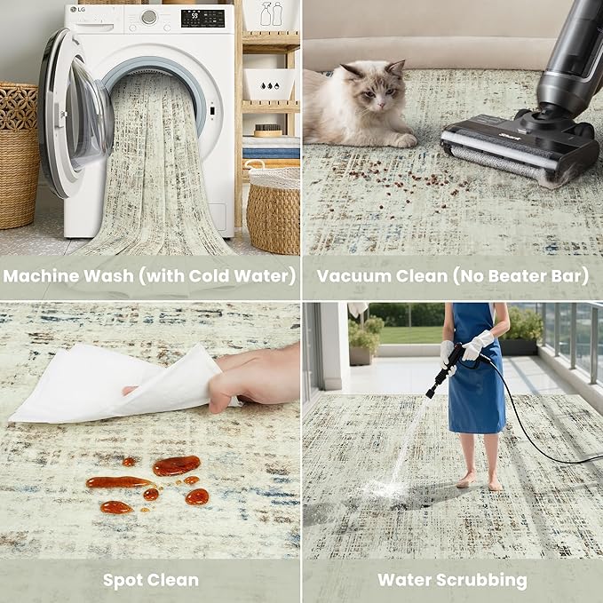 10x14 Area Rugs for Living Room Washable Rug: Anti-Skid Abstract Modern Living Room Rug Soft Thin Carpets Indoor Floor Non-Shedding Carpet for Bedroom Dining Farmhouse Nursery Gray White Blue