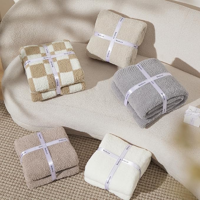 Bedsure GentleSoft Checkered Twin Blanket for Couch, Super Soft Cozy & Warm Knit Throw Blanket, Lightweight & Fluffy Plaid Blankets for Bedding, Sofa, Gifts for Women Men, Beige, 60x80 Inches