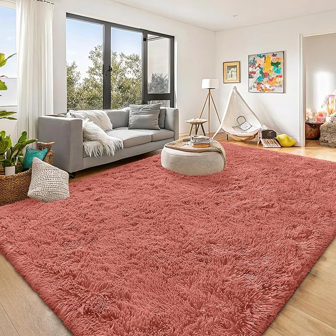 OLANLY 8x10 Machine Washable Large Area Rugs for Living Room, Bedroom, Soft Fluffy Shaggy Bedside Rug, Indoor Floor Carpet for Kids Girls and Boys, Dorms, Nursery, Home Decor Aesthetic, Rust Red