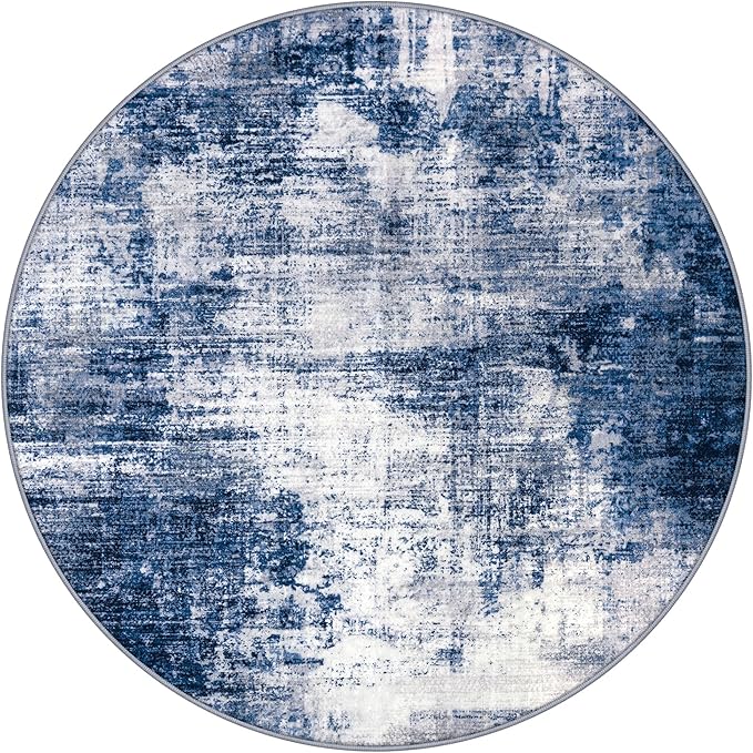 IOHOUZE Abstract Round Area Rug 8 Ft Washable Circle Rugs Large Round Rug Non Slip Thin Soft Circle Rugs, Printed Faux Wool Floor Carpet for Bedroom Living Room Dining Room Nursery, Navy/Grey