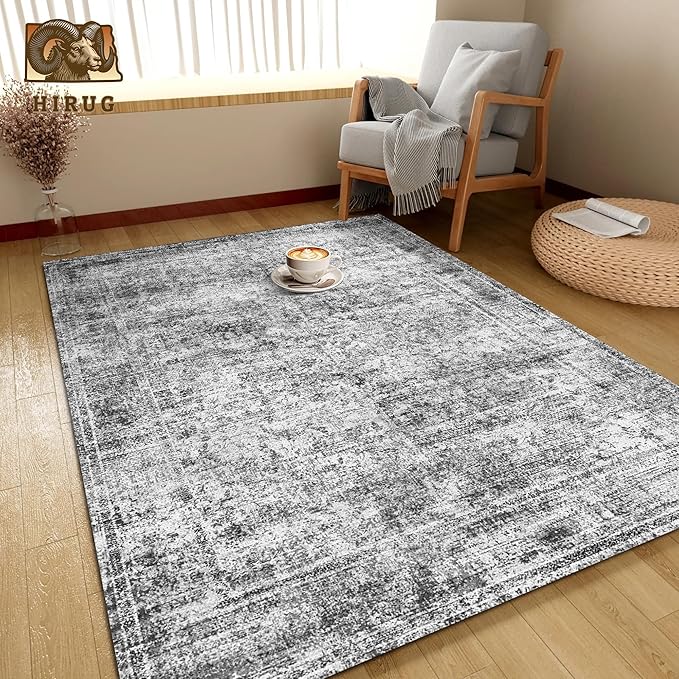 Washable Area Rug 6' x 9' Vintage Traditional Persian Mat - Foldable Distressed Non-Slip Machine Washable Carpet for Living Room Bedroom Kitchen Home Decor - Graphite and Mist