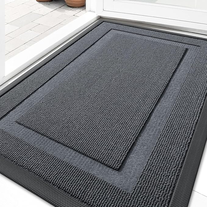 OLANLY Front Door Mat Indoor Outdoor Entrance, Waterproof All-Season, All-Weather Doormat, Sturdy Natural Rubber, Low Profile, Easy Clean Patio Porch Entryway Mat, 33x21, Charcoal Gray