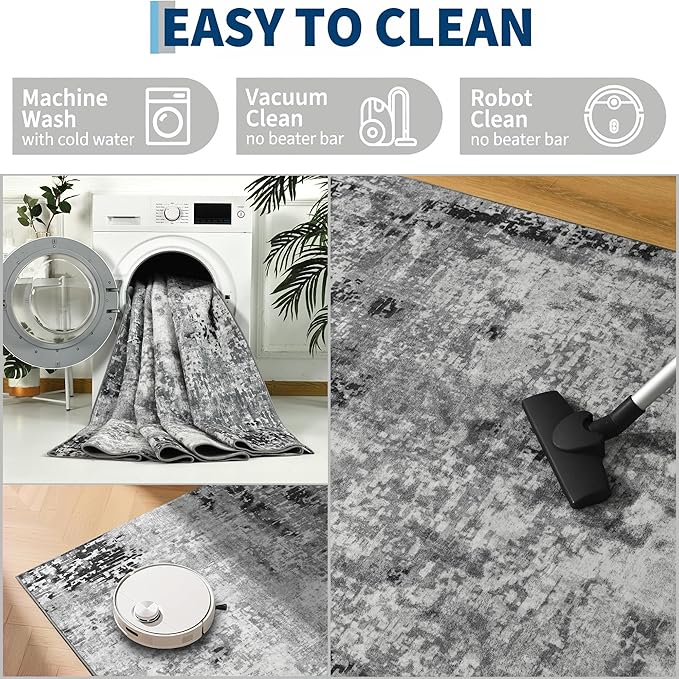Living Room Rug 9x11 Gray Area Rugs Machine Washable Abstract Boho Large Rug Non-Slip Non-Shedding Faux Wool Indoor Vintage Carpet for Bedroom, Classroom, Dining Room, Kids Playroom