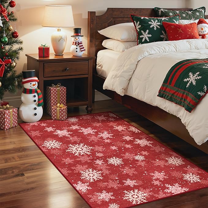 2x3 Christmas Doormat for Entryway, Washable Christmas Rugs Bathroom，Snowflake Front Porch Runner Rug，Non-Slip Red and White Christmas Decor Indoor(2'x3', Red/White)