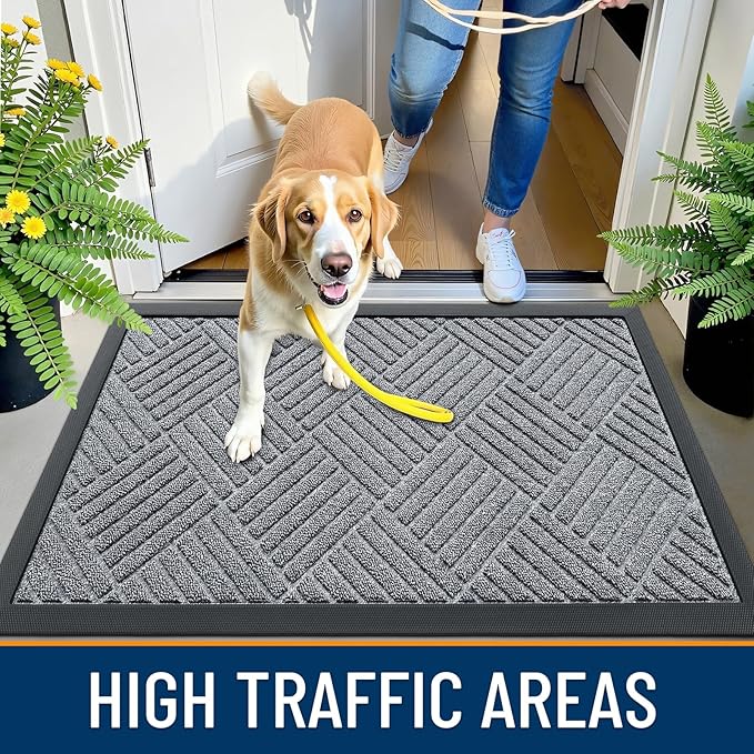 OLANLY Front Door Mat Outside Entrance 33x21, Absorbent, Heavy Duty Sturdy Natural Rubber Doormat Indoor Outdoor, Stain Fade Resistant, Non-Slip Low Profile Floor Mat Entryway, Charcoal Gray Diamond
