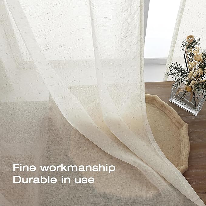 Simplebrand Natural Linen Textured Sheer Curtains 63 Inch Length 2 Panels, Rod Pocket Solid Color Window Sheer Curtain Panels, Elegant Curtains & Drapes for Living Room, Bedroom (40" W x 63" L)