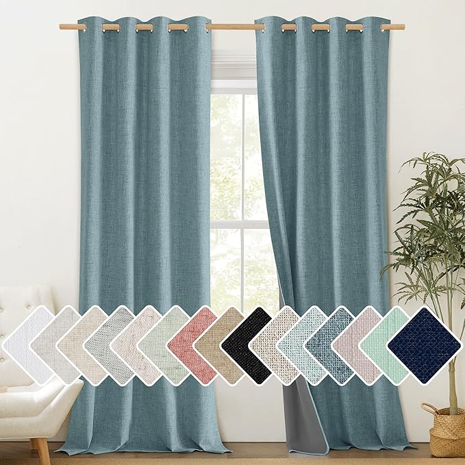 NICETOWN 100% Absolutely Blackout Linen Curtains with Thermal Insulated White Liner, Skylark Blue, 52 inches Wide, 95 inches Length Energy Saving Curtains for Living Room 2 Panels Set, Vertical Blinds
