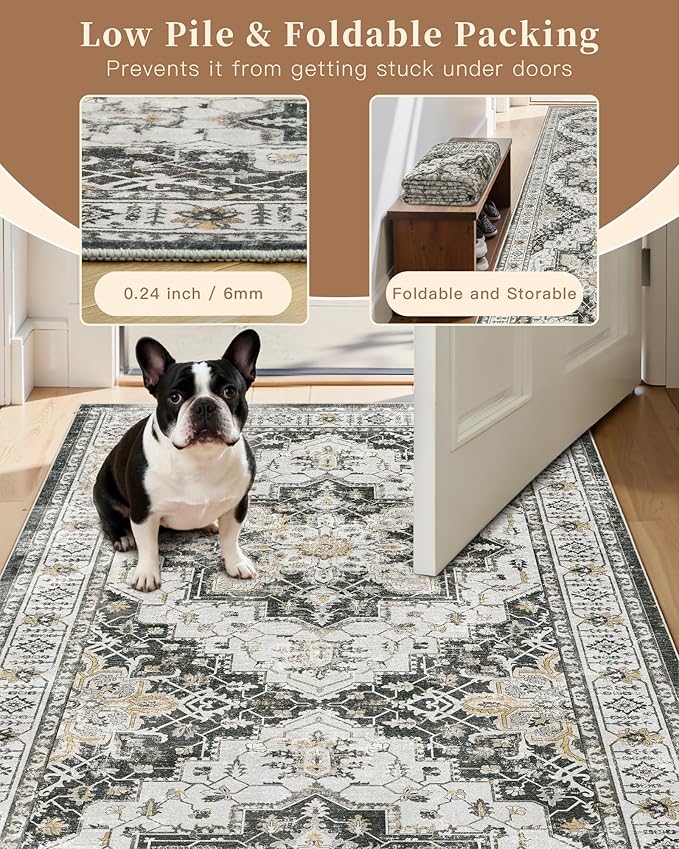 Madane Washable Runner Rug - 2x6 Rug Runners for Hallways 6 Feet Non Slip Vintage Kitchen Runner Rug Ultra-Thin Bathroom Runner Rugs Carpet Laundry Room Bedroom (2x6ft, Black)