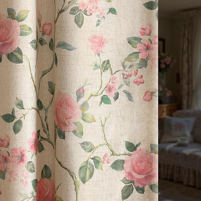 Vintage Floral Blackout Curtains 84 Inch, 2 Panels Spring Linen Texture Farmhouse Drapes for Living Room Bedroom Printed Flower Design Rod Pocket