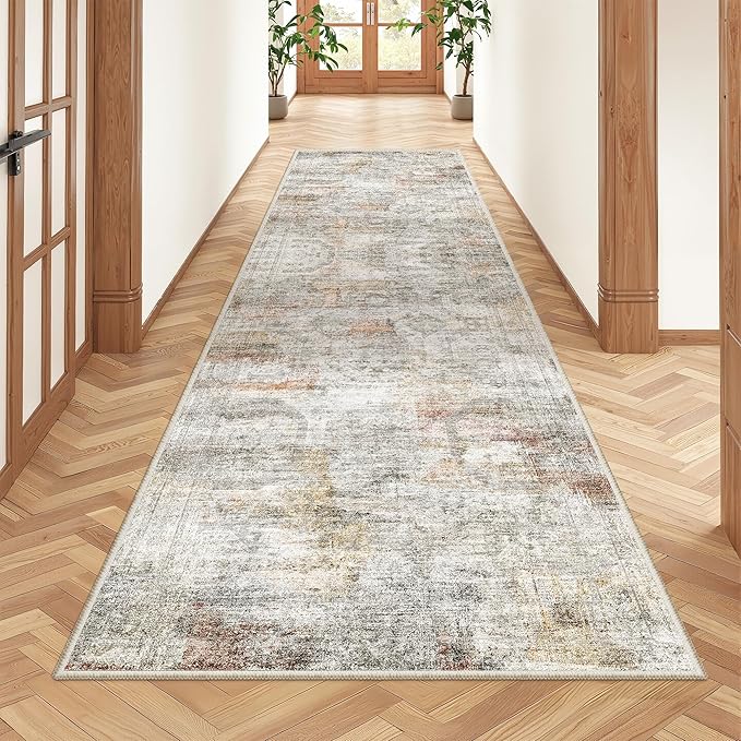 Kitchen Runner Rug Non Slip - 2.5 x 8 Runners for Hallways, Entryway, Bedroom, Washable Runner Rugs for Bathroom, Laundry Room, Low Pile Soft Vintage Area Rug(2.5'x8', Grey/Rust)