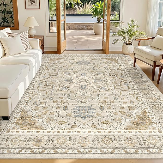 Madane 5x7 Area Rugs for Living Room, Stain Resistant Washable Rug, Non-Slip Backing Area Rug, Vintage Home Decor Rug for Bedroom (Beige/Blue, 5'x7')