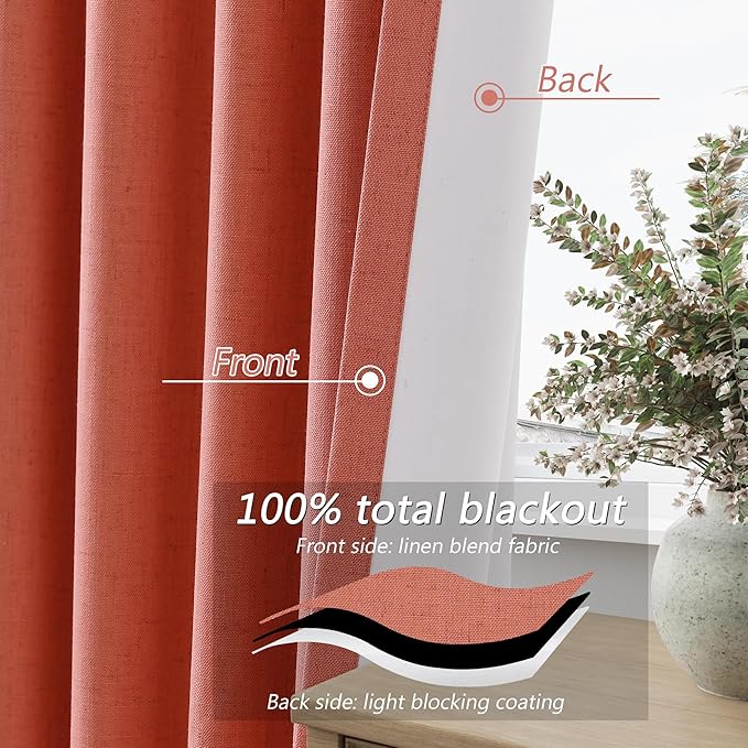 Guken Coral 100% Blackout Linen Curtains 108 Inch Length 2 Panels Set for Living Room Bedroom Back Tab Rod Pocket Thermal Insulated Farmhouse Black Out Drapes Room Darkening,52x108