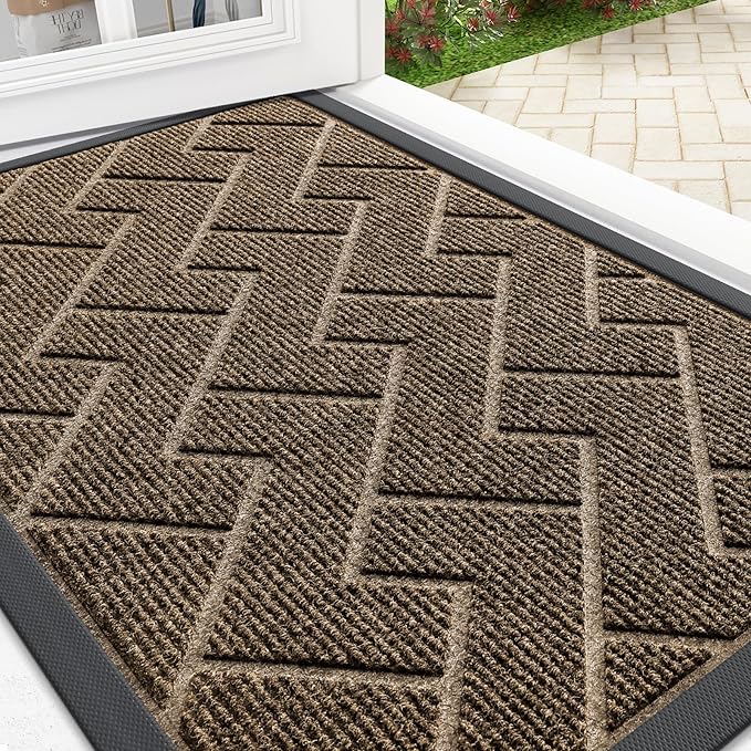 OLANLY Front Door Mat Indoor Outdoor Entrance, Waterproof All-Season, All-Weather Doormat, Sturdy Natural Rubber, Low Profile, Easy Clean Patio Porch Entryway Mat, Herringbone Brick (Brown, 29.5x17)