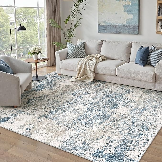 PureCozy Blue 4x6 Area Rug Washable Abstract Office Carpet Modern Neutral Non Slip Indoor Entry Soft Low Pile Contemporary Aesthetic Door Mat Bedroom Throw Rug for Kitchen Laundry Dining Room