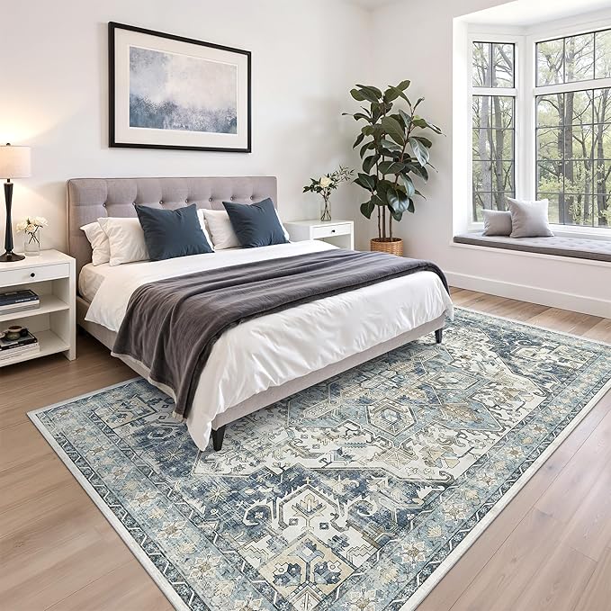 zesthome 5x7 Washable Rug-Stain Resistant Area Rugs for Living Room, Ultra-Thin Vintage Rugs, Non-Slip Backing Rug, Low Pile Large Area Rug, Boho Home Decor